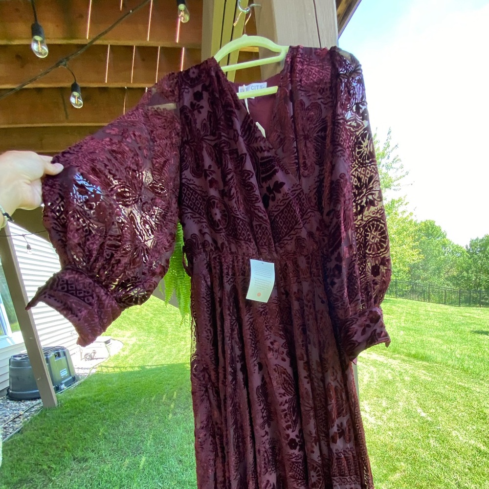 NWT Ivy City Co Sasha Holiday Dress Burnout Velvet Burgundy Wine